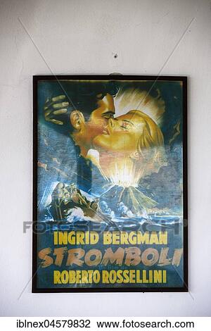 Stock Image - Film poster Stromboli with Ingrid Bergmann at Cafe Ingrid, Stromboli Island, Lipari Islands, Italy, Europe. Fotosearch