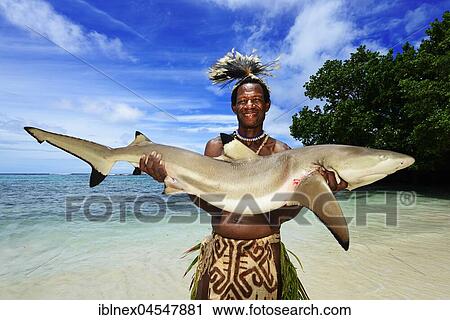 Stock Image - Folk tribe Korafe, man with typical tapa clothing made of tree bark holds a captive Blacktip reef shark (Carcharhinus melanopterus) in his hands, Yavi Village, Tufi, Papua New Guinea.. Fotosearch