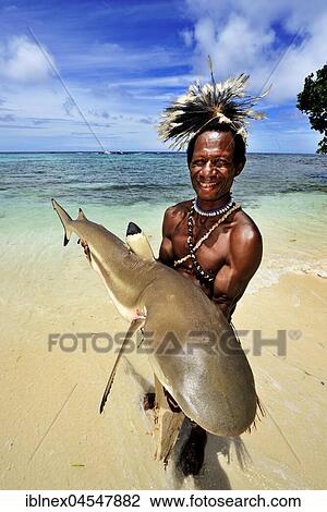 Folk tribe Korafe, man with typical tapa clothing made of tree bark holds a captive Blacktip reef shark (Carcharhinus melanopterus) in his hands, Yavi Village, Tufi, Papua New Guinea. View Large Photo Image Stock Image - Folk tribe Korafe, man with typical tapa clothing made of tree bark holds a captive Blacktip reef shark (Carcharhinus melanopterus) in his hands, Yavi Village, Tufi, Papua New Guinea.. Fotosearch