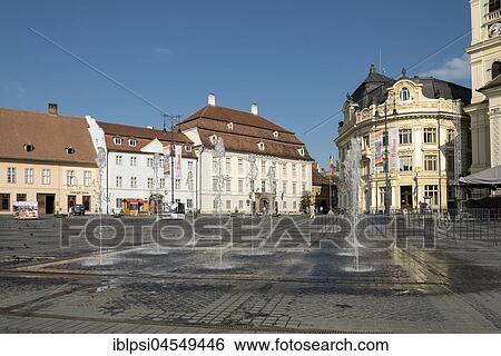 Fountain at Grand Square, Piața Mare, Sibiu, Romania, Europe View Large Photo Image Stock Photograph - Fountain at Grand Square, Piața Mare, Sibiu, Romania, Europe. Fotosearch