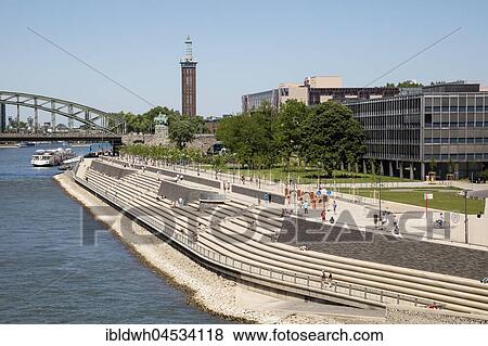 Stock Photo - Freitreppe on the Rheinboulevard, at back Trade Fair Tower, Deutz, Cologne, North Rhine-Westphalia, Germany, Europe. Fotosearch