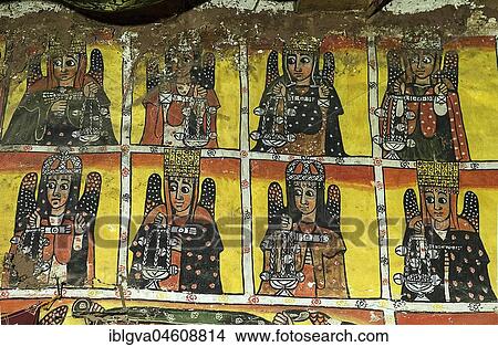Picture - Fresco, Eight of the twenty-four elders of the Apocalypse, rock church Maryam Papaseyti, Gheralta, Tigray, Ethiopia, Africa. Fotosearch