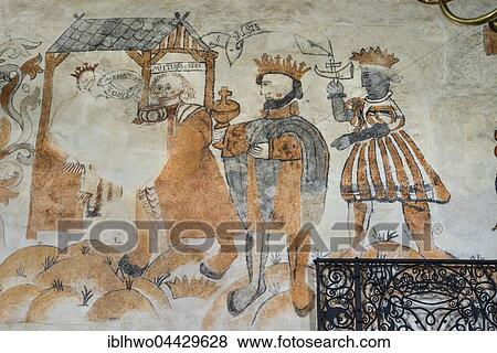 Stock Photo - Fresco from 1545 in the nave, Adoration of the Magi, Romanesque church, Staby, Ulfborg, Midtjylland, Denmark, Europe. Fotosearch