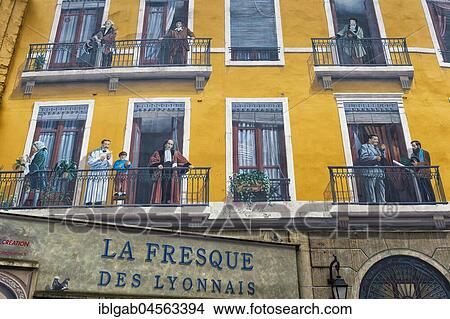 Fresco "La Fresque des Lyonnais" representing known inhabitants of the city, Lyon, Rhône Alpes, France, Europe View Large Photo Image Picture - Fresco "La Fresque des Lyonnais" representing known inhabitants of the city, Lyon, Rhône Alpes, France, Europe. Fotosearch