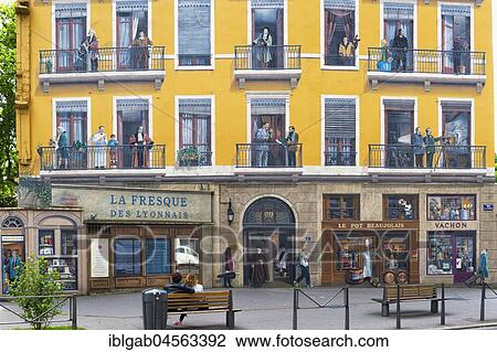 Stock Image - Fresco "La Fresque des Lyonnais" representing known inhabitants of the city, Lyon, Rhône Alpes, France, Europe. Fotosearch