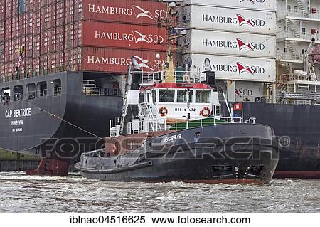 Fully loaded container ship Cap Beatrice being pulled by tugs, Port of Hamburg, Hamburg, Germany, Europe View Large Photo Image Stock Photography - Fully loaded container ship Cap Beatrice being pulled by tugs, Port of Hamburg, Hamburg, Germany, Europe. Fotosearch