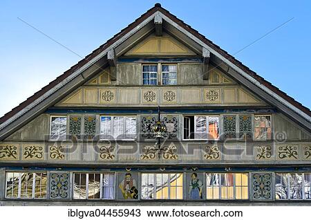 Gable, painted on an Appenzeller House with folkloric motifs, Urnäsch, Appenzell Ausserrhoden, Switzerland, Europe View Large Photo Image Stock Image - Gable, painted on an Appenzeller House with folkloric motifs, Urnäsch, Appenzell Ausserrhoden, Switzerland, Europe. Fotosearch
