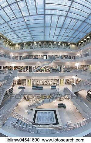Stock Image - Gallery with stairs and view of city library, architect Eun Young Yi, Stuttgart, Baden-Württemberg, Germany, Europe. Fotosearch