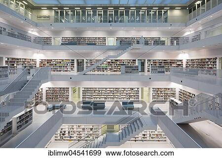 Stock Photo - Gallery with stairs of city library, architect Eun Young Yi, Stuttgart, Baden-Württemberg, Germany, Europe. Fotosearch