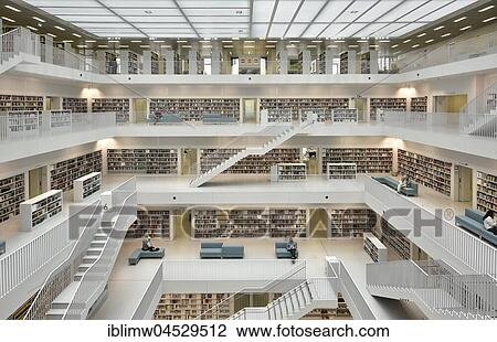 Stock Image - Gallery with stairs, public library, architect Eun Young Yi, Stuttgart, Baden-Württemberg, Germany, Europe. Fotosearch