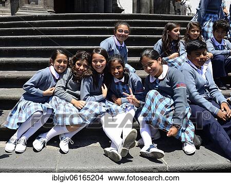 Picture - Girls in school uniform on the steps of the cathedral, Catedral Metropolitana, Quito, Pichincha Province, Ecuador, South America. Fotosearch