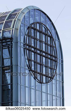Stock Image - Glass façade based on a people's receiver, WDR Düsseldorf, Westdeutscher Rundfunk, Medienhafen Düsseldorf, North Rhine-Westphalia, Germany, Europe. Fotosearch