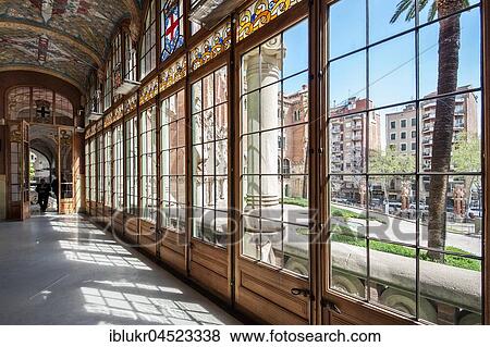 Glass hallway with tiled ceiling in the historic hospital complex Hospital de Sant Pau, Barcelona, Spain View Large Photo Image Stock Photo - Glass hallway with tiled ceiling in the historic hospital complex Hospital de Sant Pau, Barcelona, Spain. Fotosearch