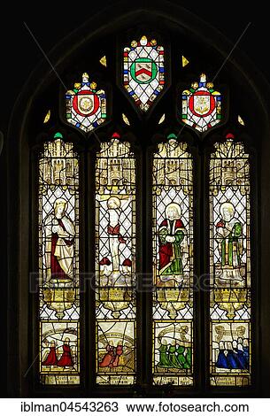 Stock Image - Glass window in parish church, St Neot, Bodmin Moor, Cornwall, England, United Kingdom, Europe. Fotosearch