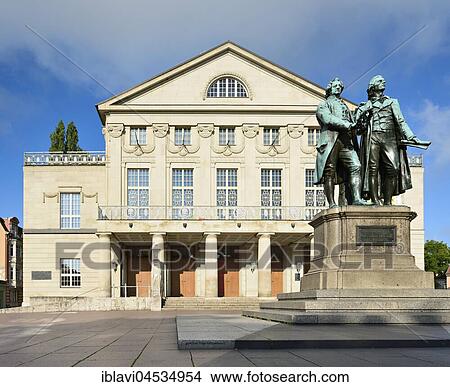 Picture - Goethe-Schiller-monument in front of the German national theater, Weimar, Thuringia, Germany, Europe. Fotosearch