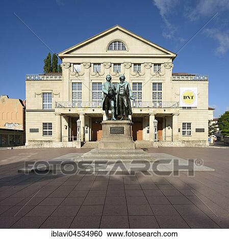 Stock Image - Goethe-Schiller-monument in front of the German national theater, Weimar, Thuringia, Germany, Europe. Fotosearch