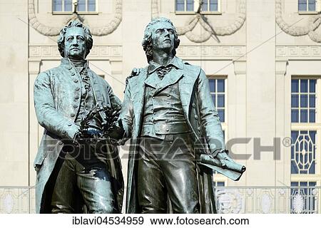 Stock Photo - Goethe-Schiller-monument in front of the German national theater, Weimar, Thuringia, Germany, Europe. Fotosearch