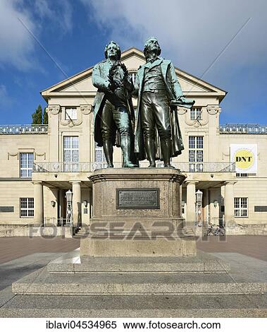 Stock Photography - Goethe-Schiller-monument in front of the German national theater, Weimar, Thuringia, Germany, Europe. Fotosearch