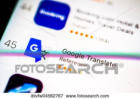 Stock Photo - Google Translator, Google Translate App in the Apple App Store, display on a screen of a mobile phone, iPhone, iOS, Smartphone, macro recording, detail, full size. Fotosearch