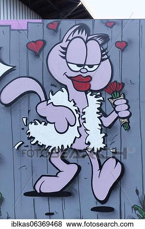 Stock Photo - Graffito, cat in love with bouquet of flowers, Düsseldorf, North Rhine-Westphalia, Germany, Europe. Fotosearch