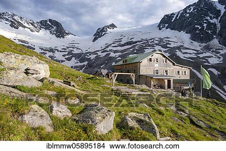 Greizer Hütte, Berliner Höhenweg, behind glacier Floitenkees and summits of the Floitenspitzen, Felsköpfl and Triebbachkopf, Zillertaler Alps, Zillertal, Tyrol, Austria, Europe View Large Photo Image Picture - Greizer Hütte, Berliner Höhenweg, behind glacier Floitenkees and summits of the Floitenspitzen, Felsköpfl and Triebbachkopf, Zillertaler Alps, Zillertal, Tyrol, Austria, Europe. Fotosearch