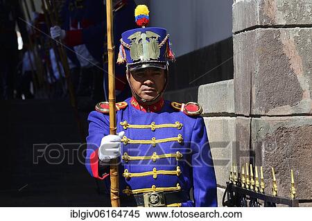 Guard in colourful uniform in front of the seat of government Palacio de Carondelet, Quito, Pichincha Province, Ecuador, South America View Large Photo Image Stock Photography - Guard in colourful uniform in front of the seat of government Palacio de Carondelet, Quito, Pichincha Province, Ecuador, South America. Fotosearch