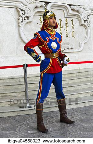 Guardian of the Mongolian armed forces in traditional uniforms in front of the Dschingis-Khan monument at the parliament building, Ulan-Bator, Mongolia, Asia View Large Photo Image Stock Image - Guardian of the Mongolian armed forces in traditional uniforms in front of the Dschingis-Khan monument at the parliament building, Ulan-Bator, Mongolia, Asia. Fotosearch