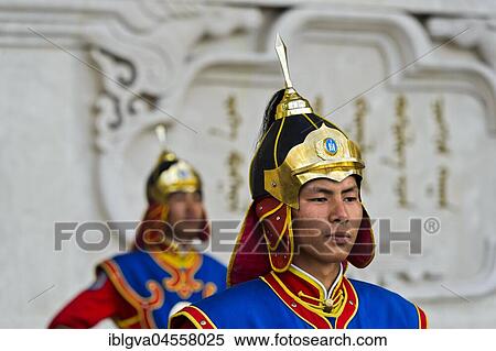Guardian of the Mongolian armed forces in traditional uniforms in front of the Dschingis-Khan monument at the parliament building, Ulan-Bator, Mongolia, Asia View Large Photo Image Stock Photography - Guardian of the Mongolian armed forces in traditional uniforms in front of the Dschingis-Khan monument at the parliament building, Ulan-Bator, Mongolia, Asia. Fotosearch