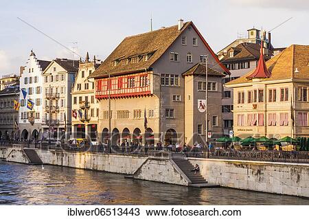 Stock Image - Guild houses on the Limmatquai, Haus zum Rüden, River Limmat, Old Town, Zurich, Canton of Zurich, Switzerland, Europe. Fotosearch