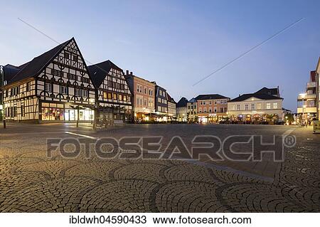 Stock Image - Half-timbered houses, Alter Markt, twilight, Unna, district of Unna, Ruhr Area, North Rhine-Westphalia, Germany, Europe. Fotosearch
