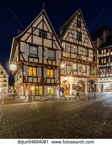 Half-timbered houses, Grand Rue, Rue des Marchands, Old Town, Night view, Colmar, Alsace, Département Haut-Rhin, France, Europe View Large Photo Image Stock Image - Half-timbered houses, Grand Rue, Rue des Marchands, Old Town, Night view, Colmar, Alsace, Département Haut-Rhin, France, Europe. Fotosearch