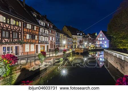 Half-timbered houses, row of houses on the canal, Little Venice, Petite Venise, night view, Colmar, Alsace, Département Haut-Rhin, France, Europe View Large Photo Image Stock Image - Half-timbered houses, row of houses on the canal, Little Venice, Petite Venise, night view, Colmar, Alsace, Département Haut-Rhin, France, Europe. Fotosearch