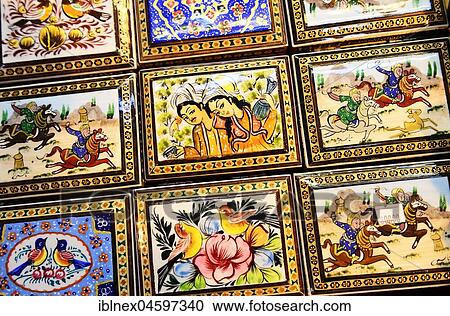 Stock Image - Hand-painted wooden boxes, bazaar under the arcades of Imam Square, Meydan-e Naqsh-e Jahan, Isfahan, Iran, Asia. Fotosearch
