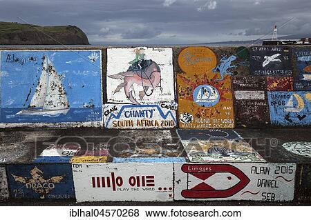 Harbour wall painted by sailors, harbour, marina, Horta, island of Faial, Azores, Portugal, Europe View Large Photo Image Stock Photo - Harbour wall painted by sailors, harbour, marina, Horta, island of Faial, Azores, Portugal, Europe. Fotosearch