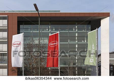 Head office of the consumer goods manufacturer Henkel, flags with logo, Düsseldorf-Holthausen, North Rhine-Westphalia, Germany, Europe View Large Photo Image Picture - Head office of the consumer goods manufacturer Henkel, flags with logo, Düsseldorf-Holthausen, North Rhine-Westphalia, Germany, Europe. Fotosearch