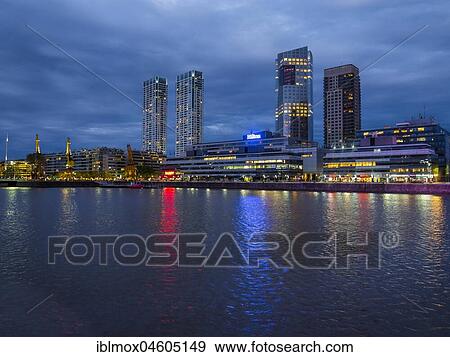 Stock Photo - High-rise buildings at the south dock on the river Río de la Plata, twilight, Puerto Madero, Buenos Aires, Argentina, South America. Fotosearch