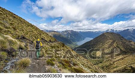 Stock Image - Hiker on Kepler Track, Great Walk, view of the South Fiord of Lake Te Anau, Murchison Mountains in the background, Fiordland National Park, Southland, New Zealand, Oceania. Fotosearch
