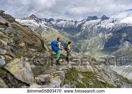 Stock Image - Hiker on marked hiking trail, descent from Schönbichler Horn to Berliner Hütte, behind Schwarzenstein and the Schwarzensteinkees glacier, Berliner Höhenweg, Zillertal Alps, Zillertal, Tyrol, Austria, Europe. Fotosearch