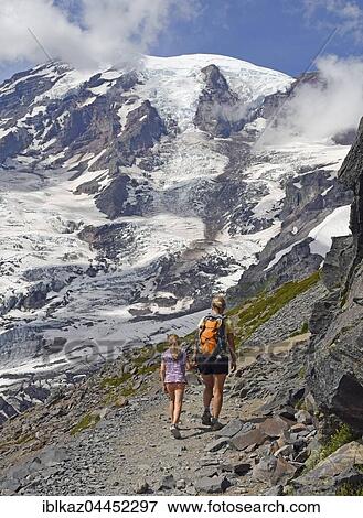 Hikers on skyline trail in front of snow capped Mount Rainier, Paradise Loop, Mount Rainier National Park, Cascade Range, Washington, Pacific Northwest, USA, North America View Large Photo Image Stock Photo - Hikers on skyline trail in front of snow capped Mount Rainier, Paradise Loop, Mount Rainier National Park, Cascade Range, Washington, Pacific Northwest, USA, North America. Fotosearch