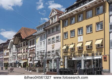 Stock Photo - Historic burgher houses in the "Kaiserstraße", pedestrian zone of the old town, Waldshut-Tiengen, Baden-Württemberg, Germany, Europe. Fotosearch