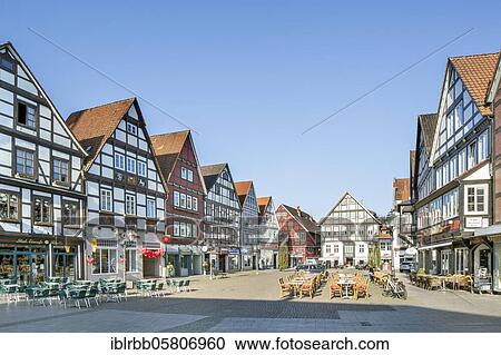 Stock Image - Historic half-timbered houses at the market place, Rinteln, Weserbergland, Lower Saxony, Germany, Europe. Fotosearch