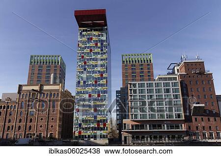 Stock Photo - Historic storage buildings, Colorium high-rise and new residential towers Win Win, Speditionsstraße, Media Harbour Düsseldorf, North Rhine-Westphalia, Germany, Europe. Fotosearch