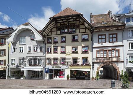 Stock Image - Historic town houses with Hotzenhaube, Kaiserstraße, pedestrian zone of the old town, Waldshut-Tiengen, Baden-Württemberg, Germany, Europe. Fotosearch