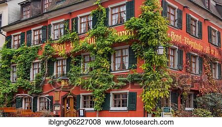 Stock Photo - Historical facade of the Hotel Löwen am Marktplatz, Meersburg, Lake Constance, Upper Swabian Baroque Street, Baden-Württemberg, Germany, Europe. Fotosearch