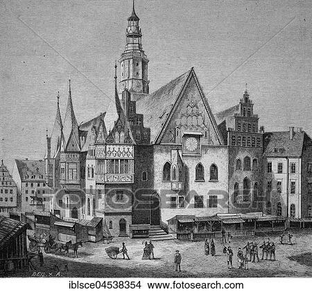 Picture - Historical illustration, Breslau townhall, Wroclaw, former German town, now Poland, Silesian, 1880. Fotosearch