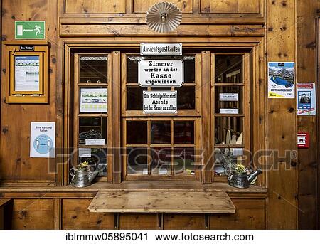 Stock Image - Historical reception, interior of the Berliner Hütte, Zillertal, Tyrol, Austria, Europe. Fotosearch