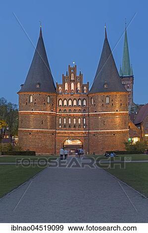 Holstentor, city gate at dusk, Hanseatic City Lübeck, Schleswig-Holstein, Germany, Europe View Large Photo Image Stock Photo - Holstentor, city gate at dusk, Hanseatic City Lübeck, Schleswig-Holstein, Germany, Europe. Fotosearch