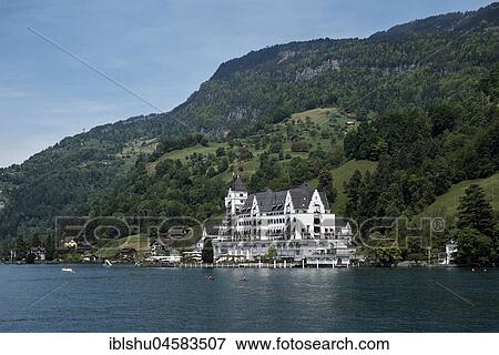 Stock Photo - Hotel, Parkhotel, Lake Lucerne, Vitznau, Canton of Lucerne, Switzerland, Europe. Fotosearch
