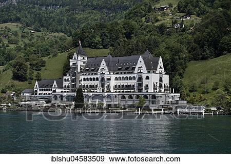 Stock Photo - Hotel, Parkhotel, Lake Lucerne, Vitznau, Canton of Lucerne, Switzerland, Europe. Fotosearch