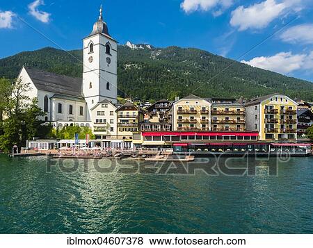 Hotel Weisses Rössl with pilgrimage church, St. Wolfgang am Wolfgangsee, Salzkammergut, Upper Austria, Austria, Europe View Large Photo Image Stock Photo - Hotel Weisses Rössl with pilgrimage church, St. Wolfgang am Wolfgangsee, Salzkammergut, Upper Austria, Austria, Europe. Fotosearch